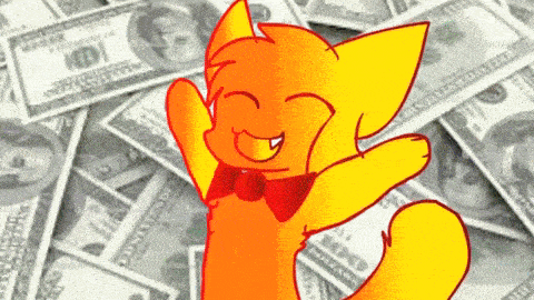 a cartoon cat is standing in front of a pile of money