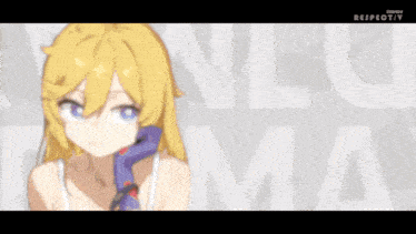 a girl with blonde hair and blue eyes is standing in front of a white background that says respectiv on it