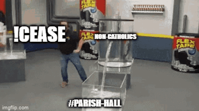 a man is dancing in front of a flex tape container