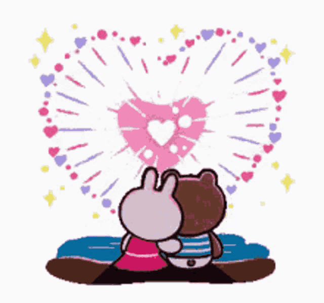 a bear and a rabbit are sitting on the beach watching fireworks in the shape of a heart .