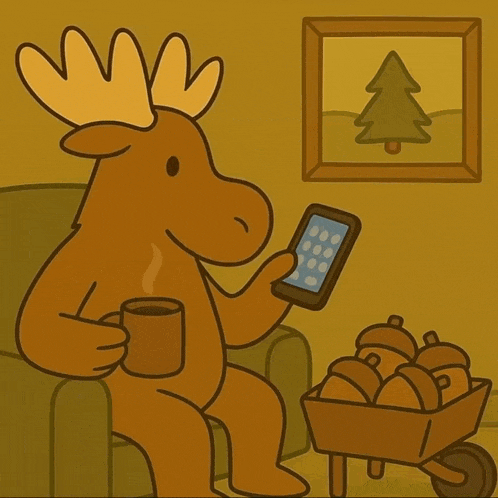 a moose sits in a chair holding a cell phone that says gm ryno