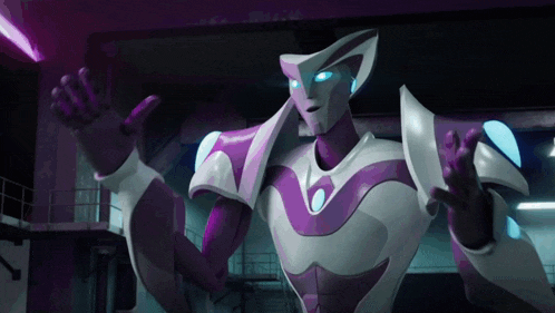 a purple and white robot with blue eyes is waving