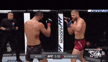 a boxing match between reyes and blachowicz with a hudson advertisement in the corner