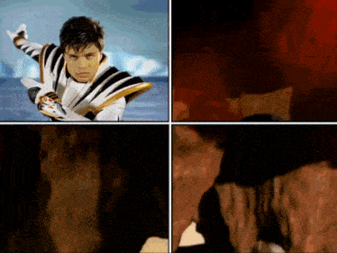 a collage of four pictures shows a boy in a white and black striped outfit