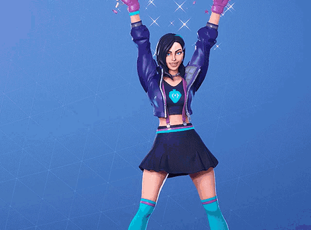 a girl in a purple jacket and skirt is dancing in front of a blue background