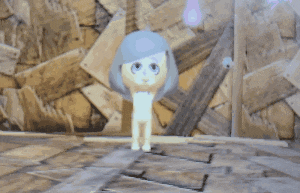 a cartoon character is holding an umbrella in front of a wall