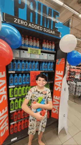 a boy is standing in front of a display of prime zero added sugar drinks