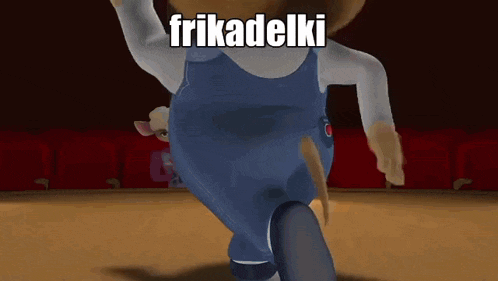 a cartoon character with the word frikadelki written on the bottom