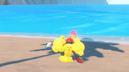 a cartoon character is standing on a sandy beach near the water