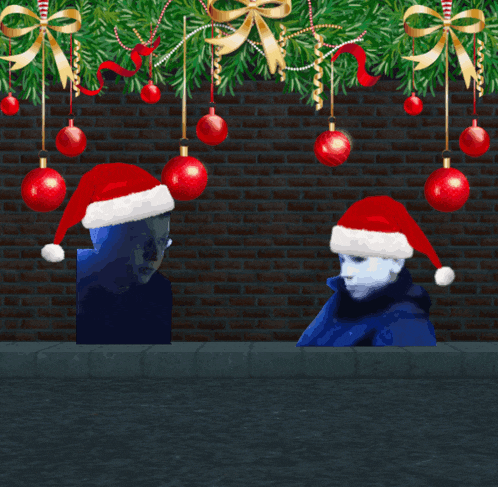 a man in a santa hat is looking at another man in a santa hat