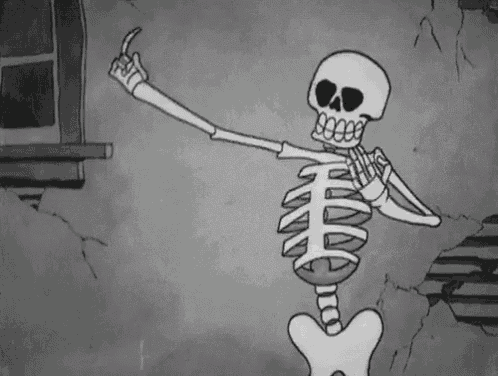 a cartoon skeleton is standing in front of a window and giving the middle finger .