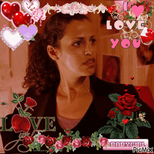 a picture of a woman with the words love you surrounded by flowers