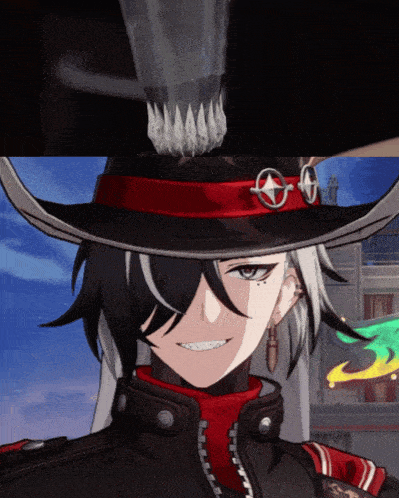 a man wearing a cowboy hat with a red ribbon around his neck