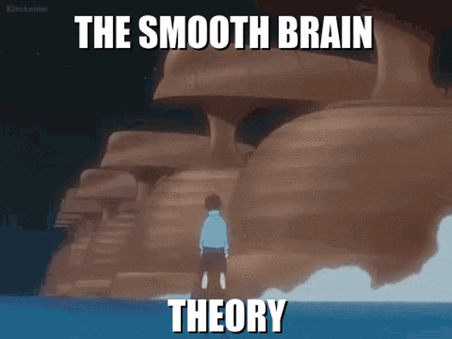 a man is standing in front of a large rock formation with the words `` the smooth brain theory '' written on the bottom .