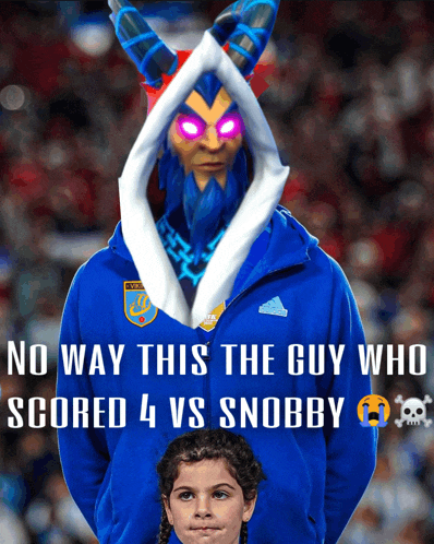 a little girl stands in front of a man in a blue jacket that says no way