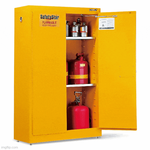 a yellow safety star flammable keep fire away cabinet with the doors open