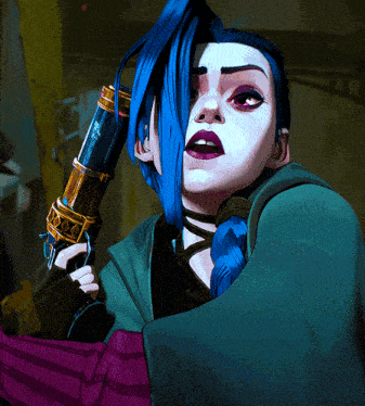 a painting of a woman with blue hair holding a cannon