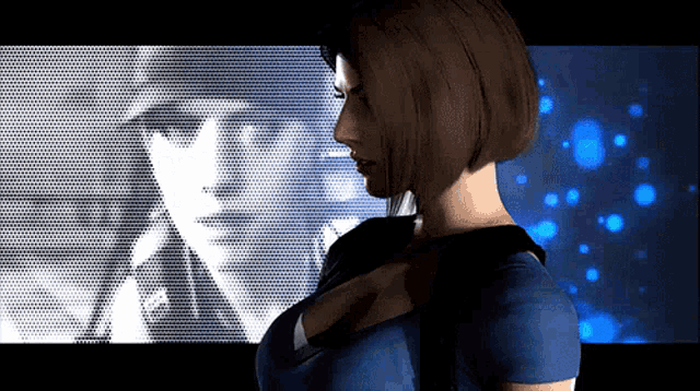 a woman in a blue shirt is standing in front of a soldier