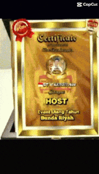 a certificate that says host event ulang tahun banda riyah on it