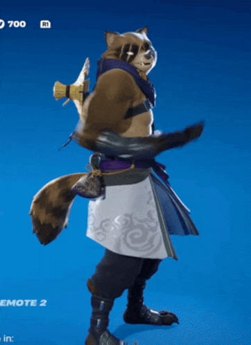 a raccoon with a sword on his back is standing in front of a blue screen that says emote 2