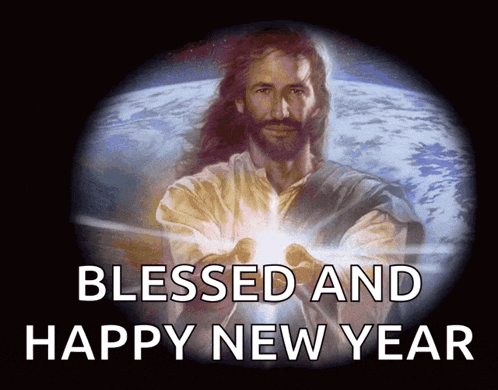 a picture of jesus with the words blessed and happy new year above him