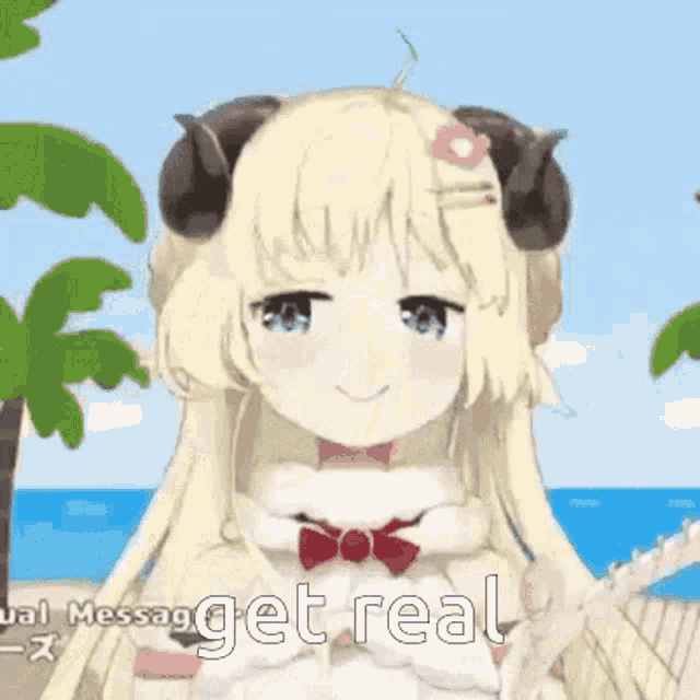 a cartoon girl with horns on her head is standing on a beach .