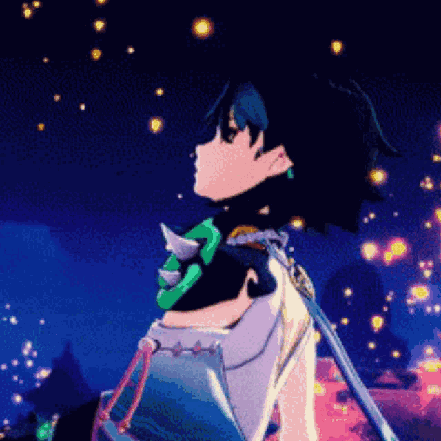 a cartoon character is standing in front of a bunch of lights .