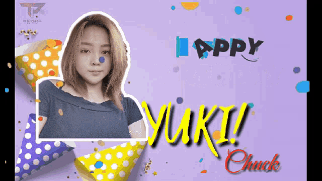 a purple background with polka dot party hats and the words happy yuki chuck