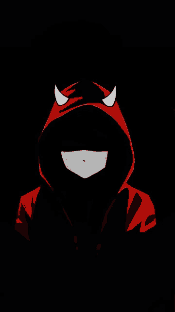 a person wearing a red devil hoodie with horns on their head .