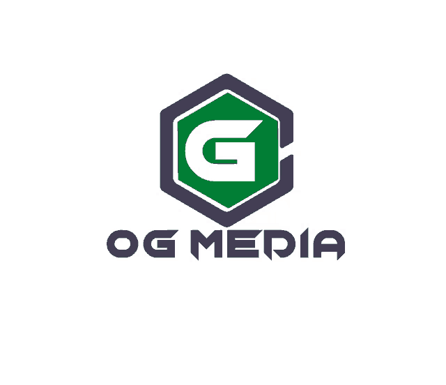 a logo for og media has a green hexagon with a g inside of it