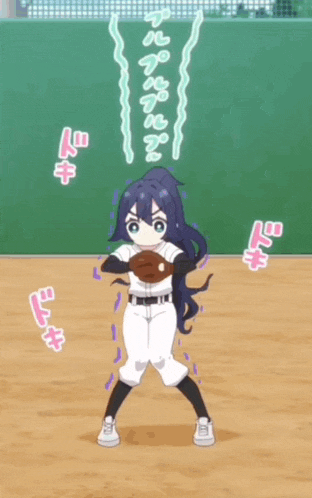a cartoon of a girl in a baseball uniform holding a glove in front of a green wall