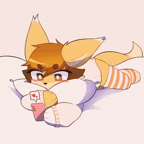 a cartoon of a fox laying on a pillow looking at a cell phone