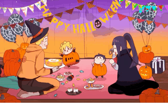 a cartoon of a family having a halloween party
