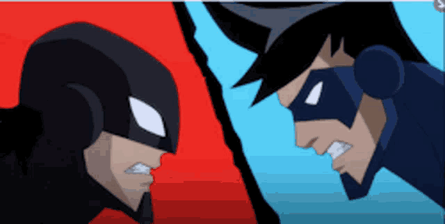 two cartoon characters are facing each other and one has headphones on