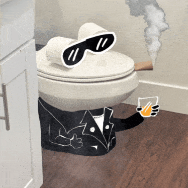 a toilet with a sticker of a man wearing sunglasses
