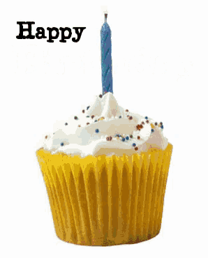 a blue cupcake with a red candle and the words happy birthday