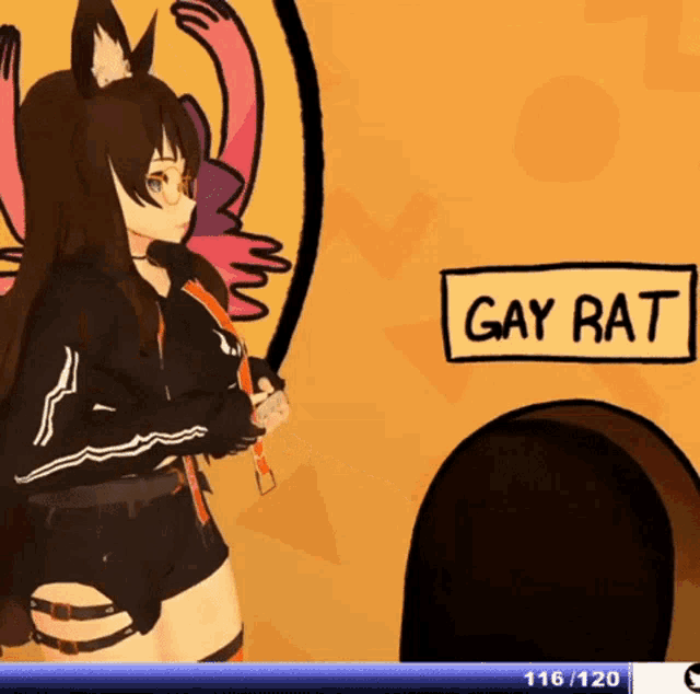 a cartoon of a girl standing next to a sign that says " gay rat "