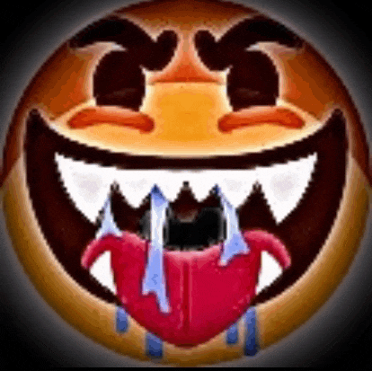 a smiley face with sharp teeth and a red tongue sticking out of it .