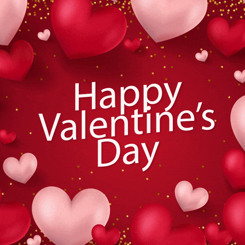 a happy valentine 's day greeting card with red and pink hearts on a red background