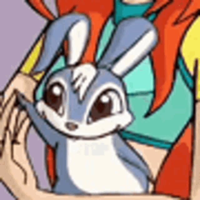 a cartoon character is holding a small rabbit in her arms .