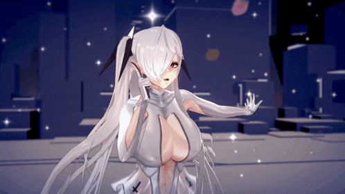 a girl with long white hair and a cross on her chest is in a video game