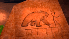 a drawing of a bear and a stick figure on a wall .