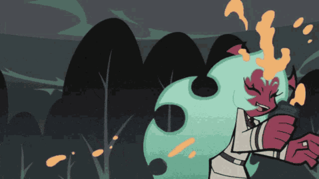 a cartoon drawing of a girl with green hair and a flame coming out of her head