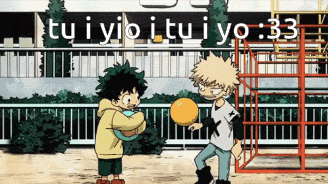 two anime characters are playing with a ball in a park