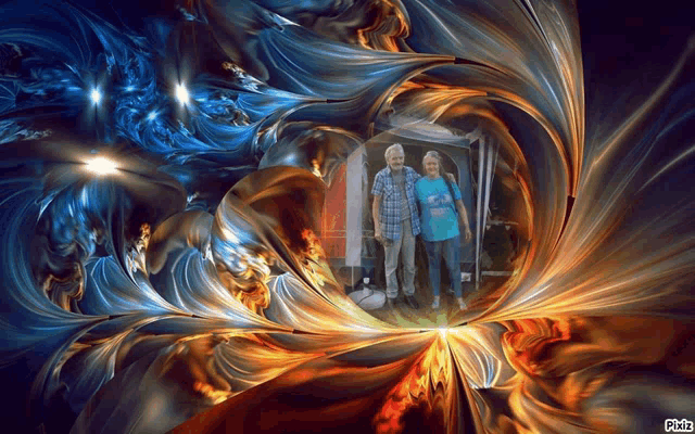 a man and a woman are standing in front of a colorful background that says pixiz on it