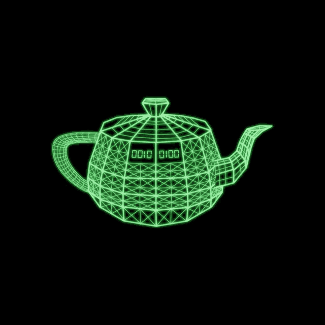 a glowing green teapot with a clock on it