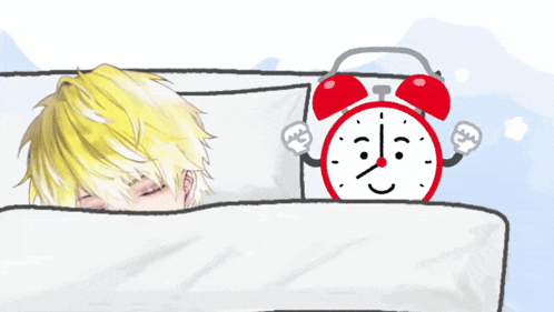 a cartoon drawing of a boy sleeping next to an alarm clock with a face on it