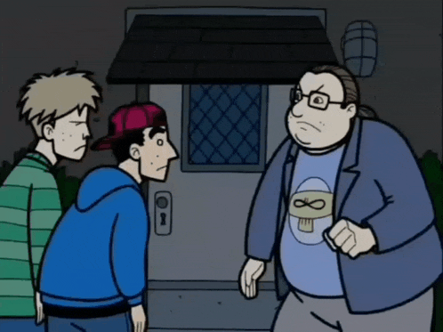 a cartoon of a man wearing a shirt that says ' infinity ' on it