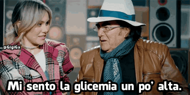a man and a woman are talking and the man says " mi sento la glicemia un po " alta "