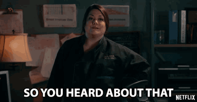 a woman in a chef 's jacket says so you heard about that